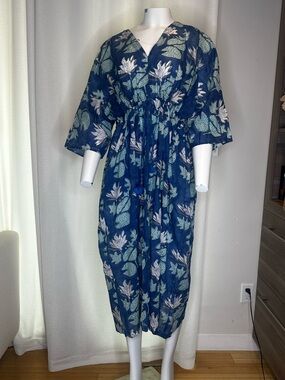 Anokhi Floral Organic Cotton Tunic in Teal & Navy w pockets OS